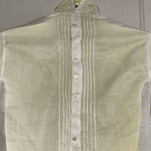 Antique thin white cotton lawn high neck long sleeve blouse with lace & pleats - Picture 8 of 14